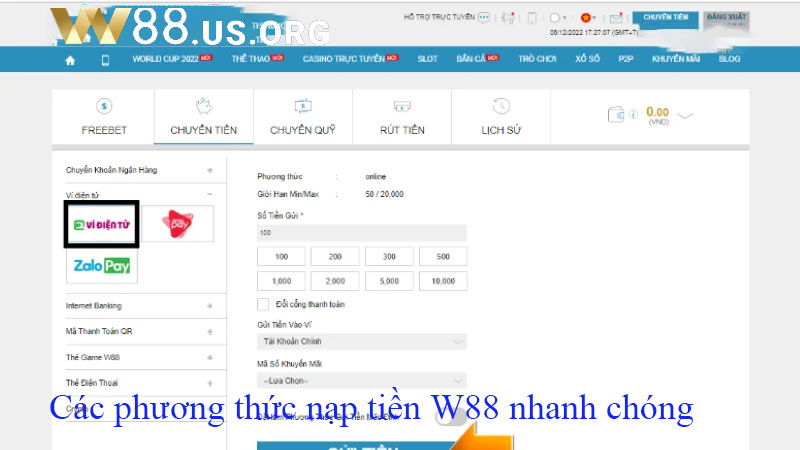 Các phương thức nạp tiền W88 nhanh chóng